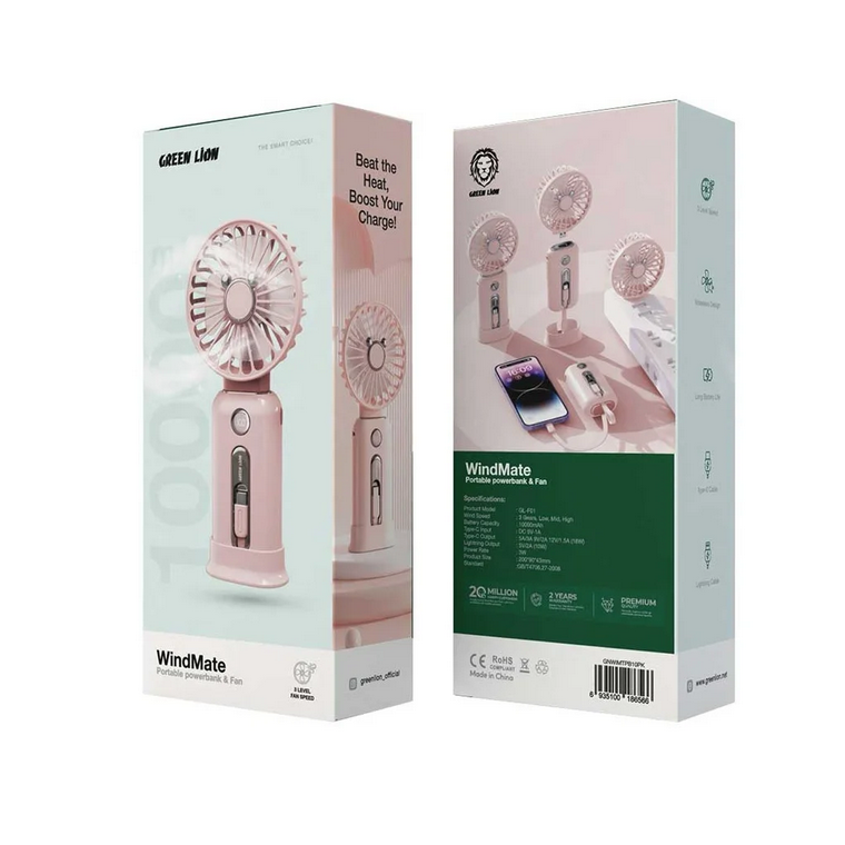 پنکه قابل حمل همراه با پاور بانک گرین لاین مدل Green Lion Wind Mate Portable Power Bank & Fan