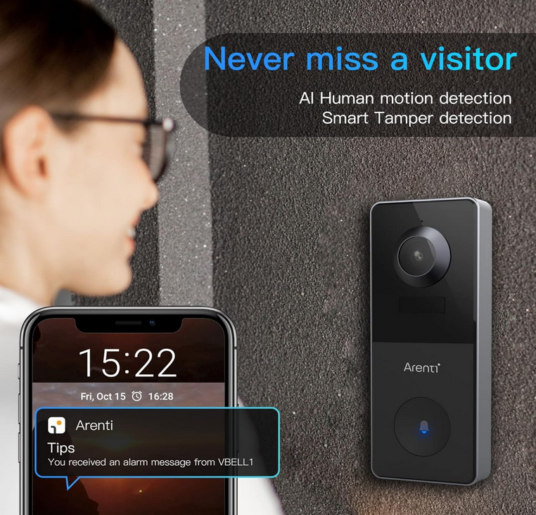زنگ درب هوشمند مدل Arenti Vbell1 Battery Powered Video Doorbell