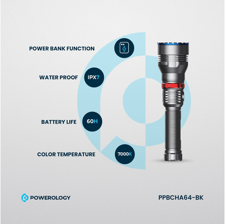 چراغ قوه پاورولوژی مدل Powerology 4000mAh Waterproof LED Flashlight