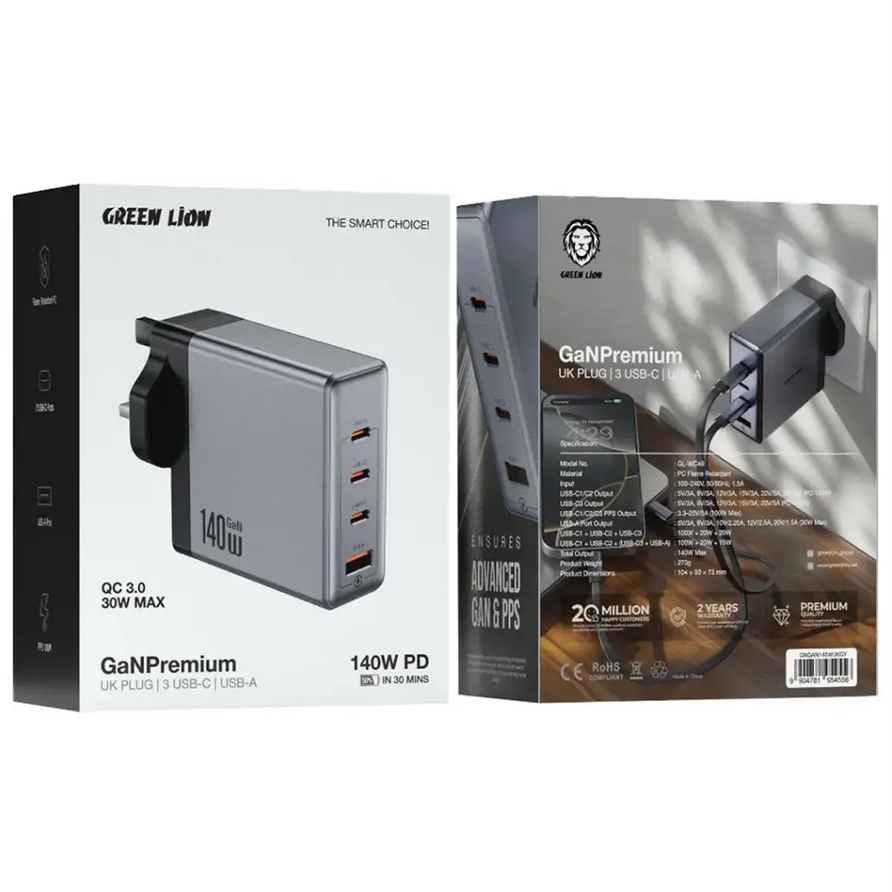 آداپتور شارژر گرین لاین مدل Green Lion GaN Premium UK Plug Wall Charger 140W