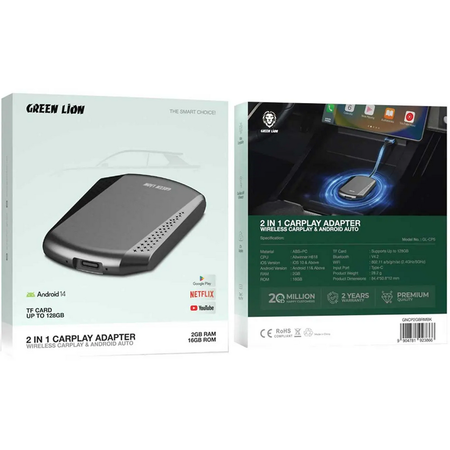 اندروید باکس و آداپتور دوکاره گرین لاین مدل Green Lion 2 in 1 CarPlay Adapter 4GB Ram