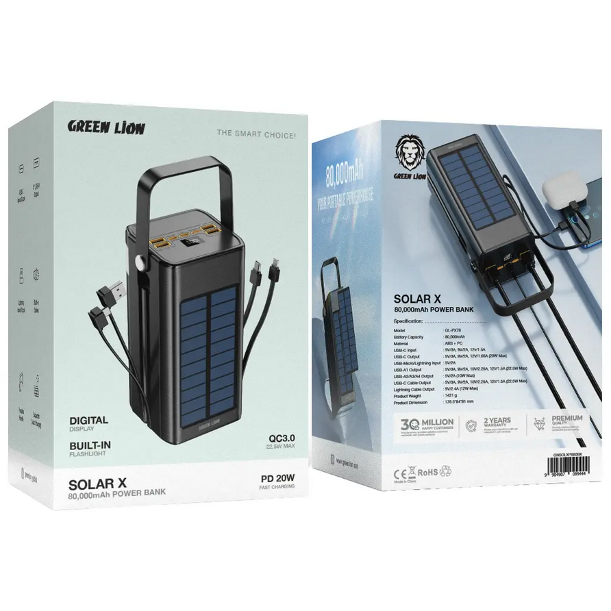 پاور بانک خورشیدی گرین لاین مدل Green lion Solar X 80000mAh Powerbank