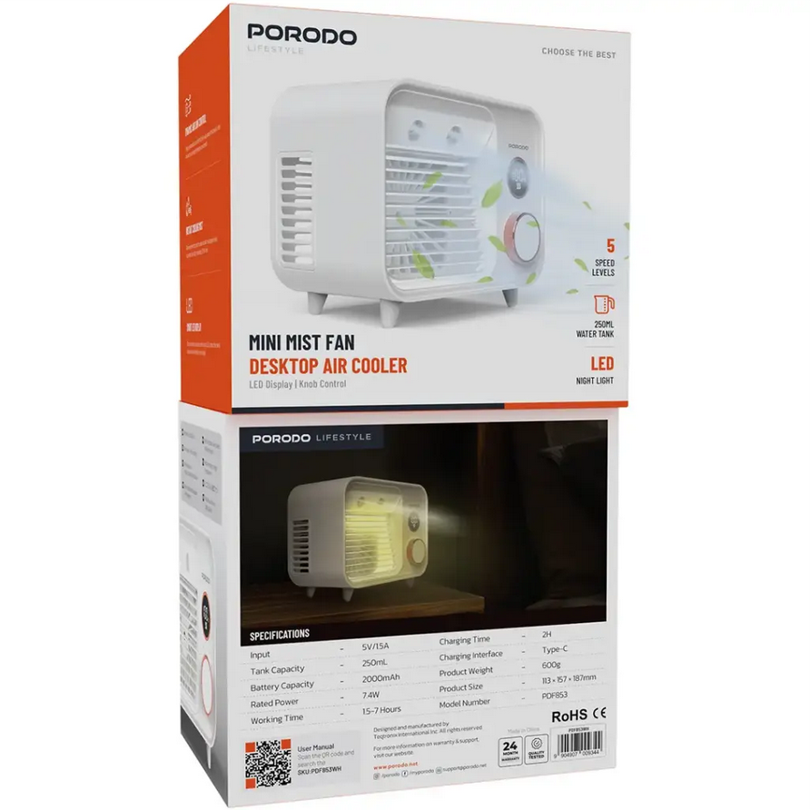 مینی پنکه شارژی رومیزی مه پاش پرودو مدل Porodo Lifestyle Mini Mist Fan PDF853WH